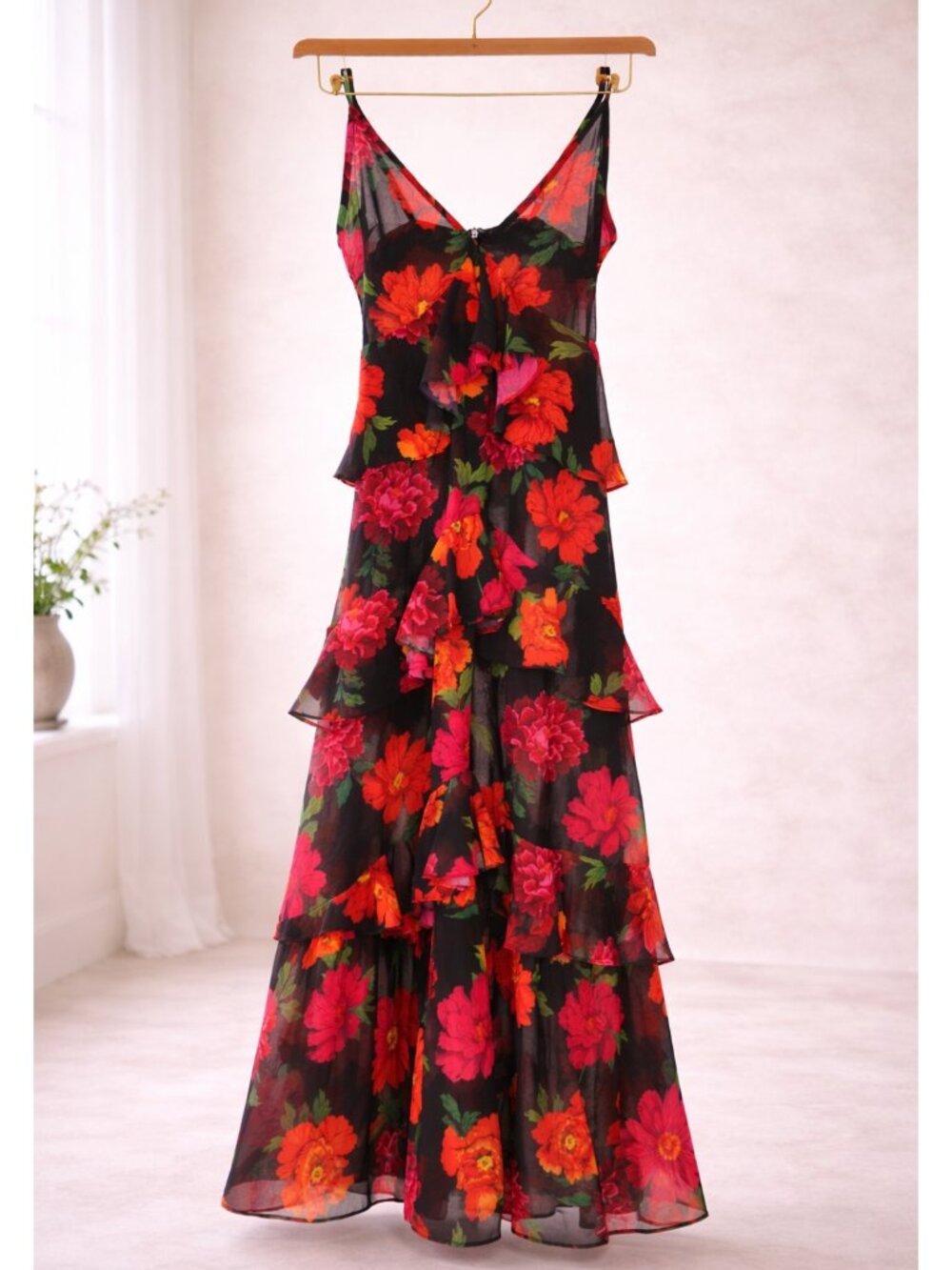 Missguided Women Floral Chiffon Maxi Swim Cover UpSize 2 Black Red Summer Dress